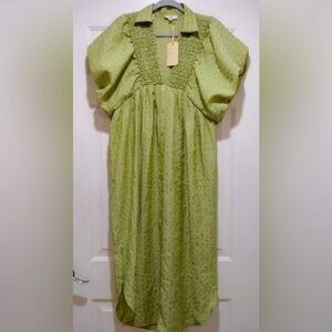 entro Lime Green Smocked V-Neck Midi Dress